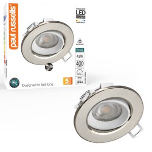 Paul Russells 4.8W LED Non Fire Rated Downlight Tiltable, Warm White 3000K, IP44, Bezel Brush Nickel