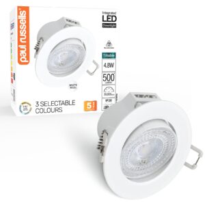 Paul Russells 4.8W LED Non Fire Rated Tiltable Downlight, Warm/Cool/Day White 3 Adjustable CCT, IP44, Bezel White