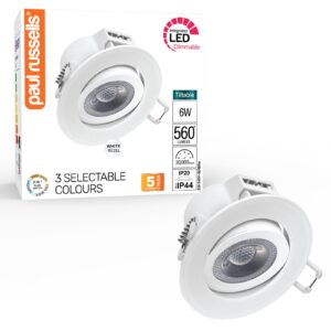 Paul Russells 6W LED Non Fire Rated Tiltable Downlight, Warm/Cool/Day White 3 Adjustable CCT, IP44, White Bezel