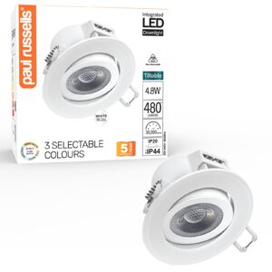 Paul Russells 4.8W LED Non Fire Rated Tiltable Downlight, Warm/Cool/Day White 3 Adjustable CCT, IP44, White Bezel