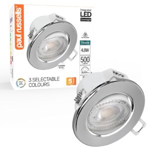 Paul Russells 4.8W LED Non Fire Rated Tiltable Downlight, Warm/Cool/Day White 3 Adjustable CCT, IP44, Chrome Bezel
