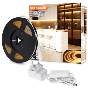 COB LED Strip Light 24V, 5W/M, 320 LEDs/M, 3000K Warm White, 400 Lumens, 5M Flexible Tape, IP20